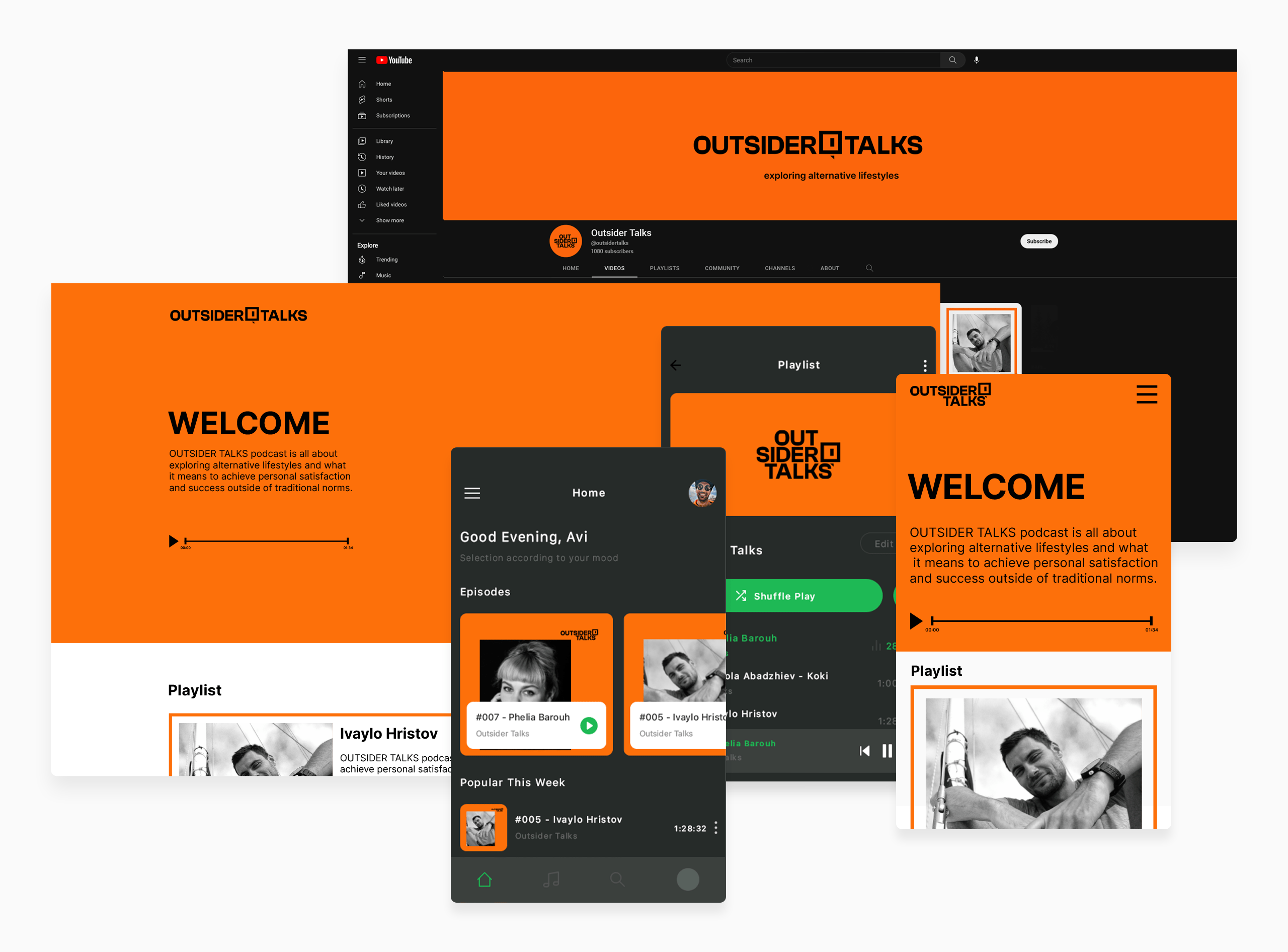 Outsider Talks Logo on mockups - website, youtube, spotify