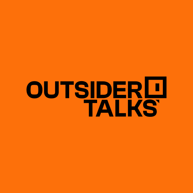 Outsider Talks Logo skacked on 2 lines on orange background