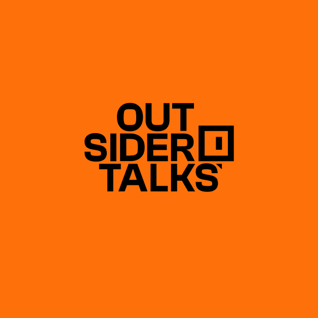 Outsider Talks Logo stacked on 3 lines on orange background